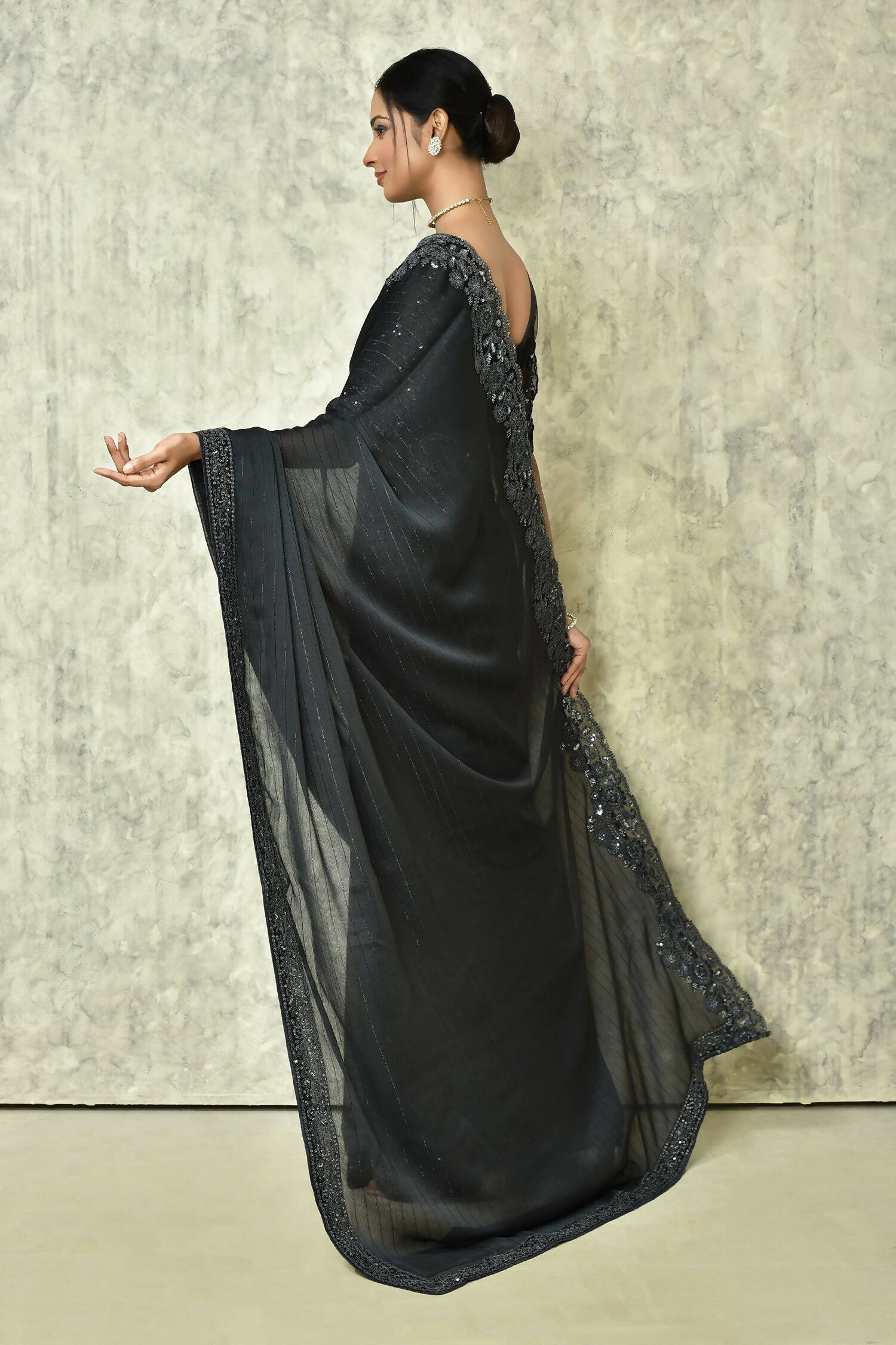 Black Silk Solid Designer Saree with Blouse - Purvi