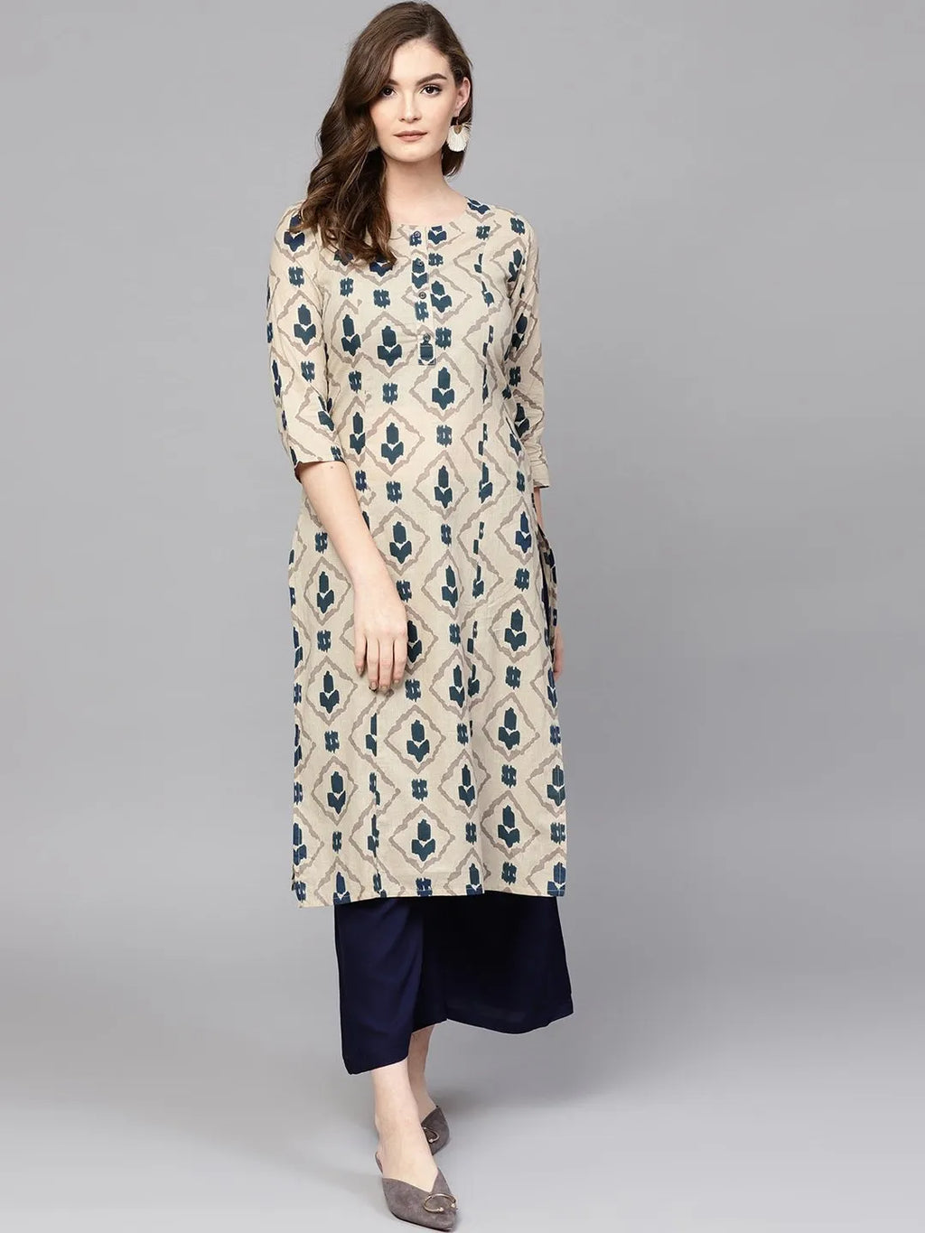Yufta Beige & Navy Blue Printed Pure Cotton Kurta