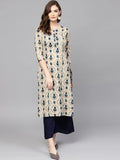 Yufta Beige & Navy Blue Printed Pure Cotton Kurta