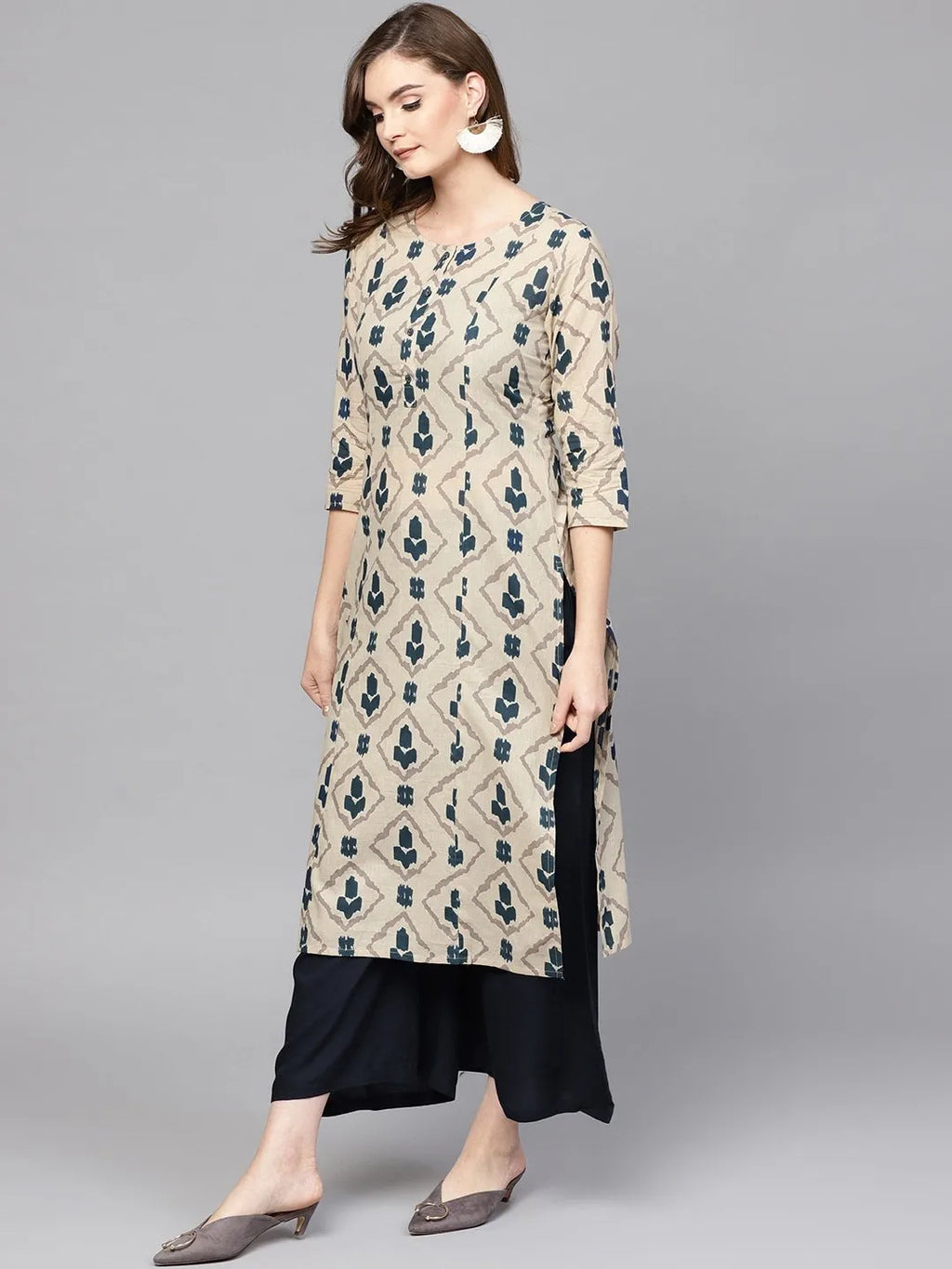 Yufta Beige & Navy Blue Printed Pure Cotton Kurta