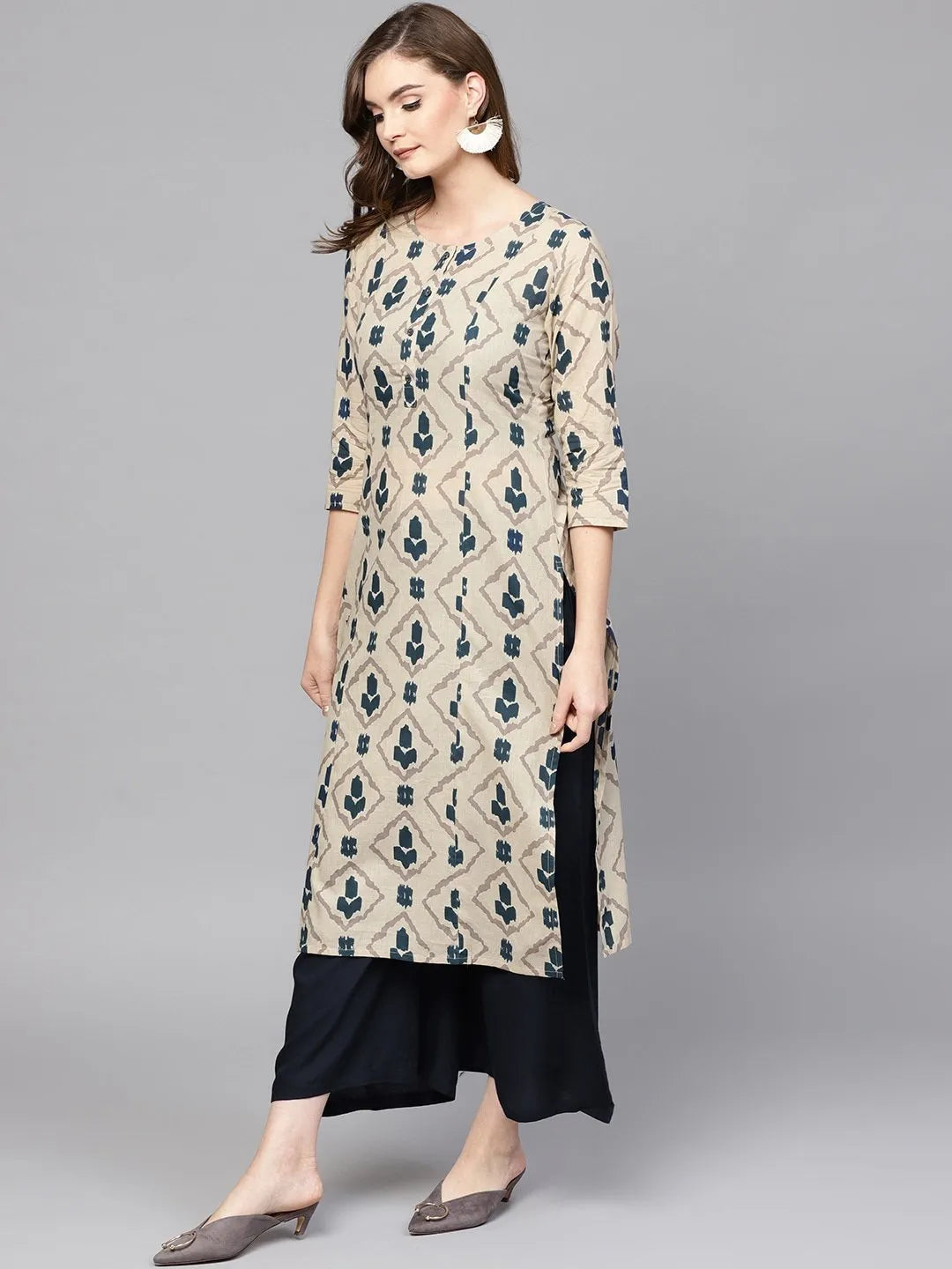 Yufta Beige & Navy Blue Printed Pure Cotton Kurta