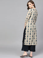 Yufta Beige & Navy Blue Printed Pure Cotton Kurta