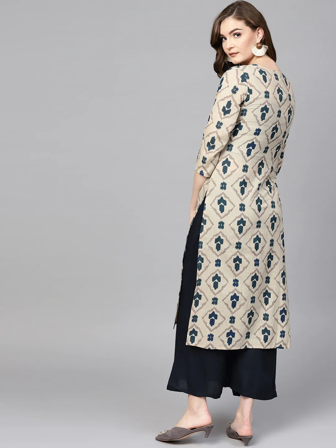Yufta Beige & Navy Blue Printed Pure Cotton Kurta