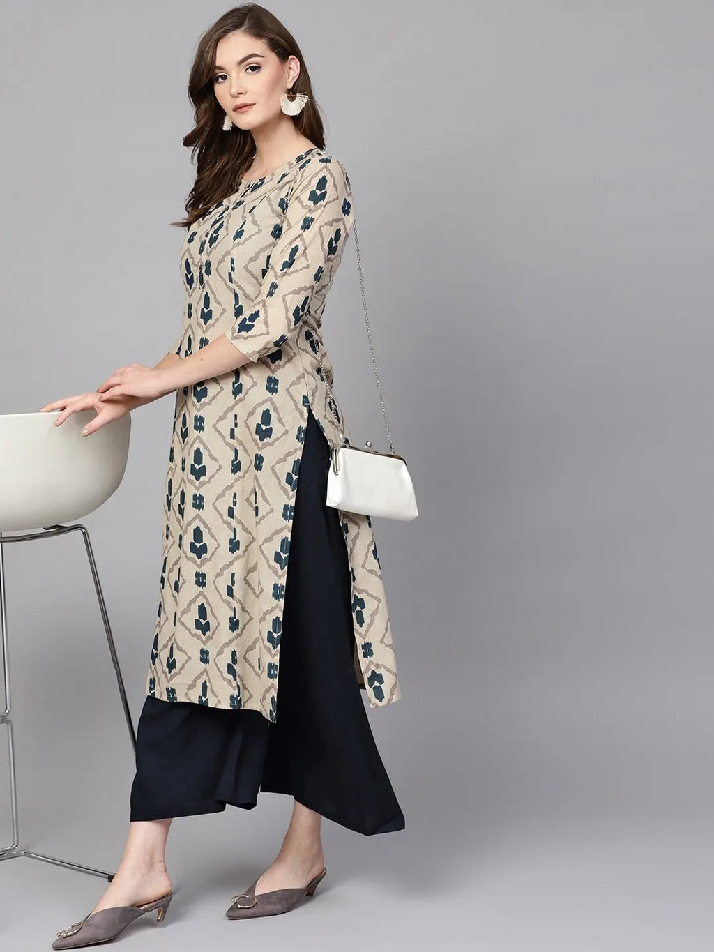 Yufta Beige & Navy Blue Printed Pure Cotton Kurta