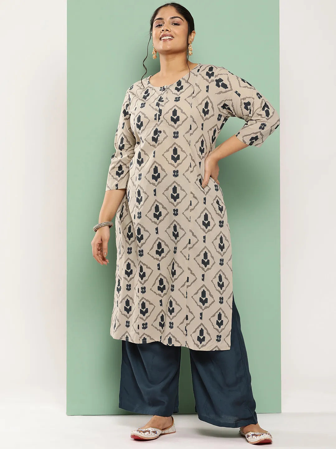 Yufta Beige & Navy Blue Printed Pure Cotton Plus Size Kurta