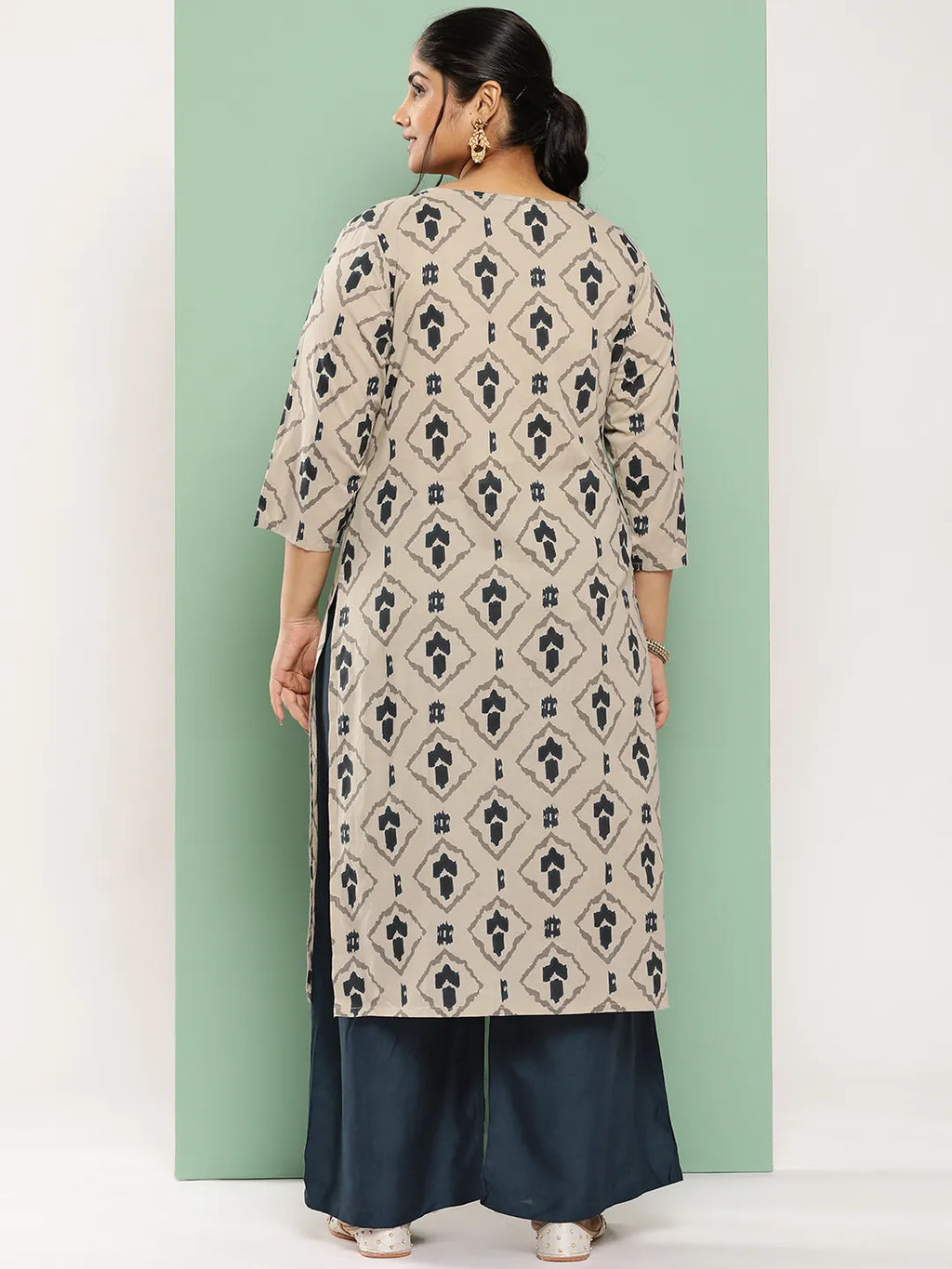Yufta Beige & Navy Blue Printed Pure Cotton Plus Size Kurta