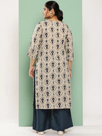 Yufta Beige & Navy Blue Printed Pure Cotton Plus Size Kurta