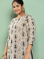 Yufta Beige & Navy Blue Printed Pure Cotton Plus Size Kurta