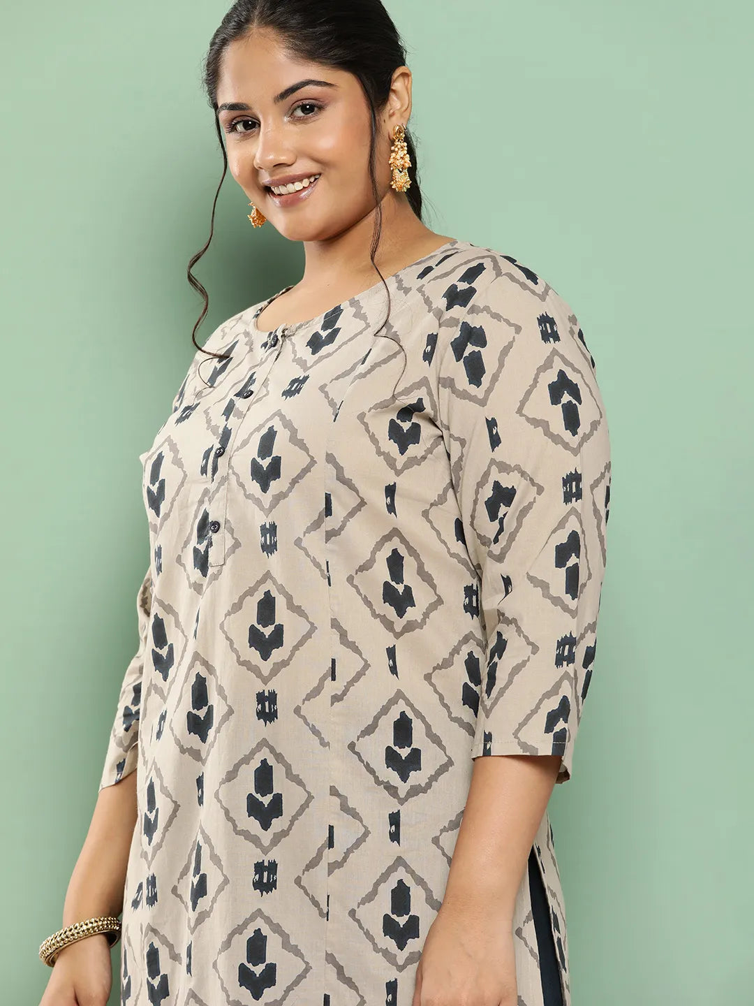 Yufta Beige & Navy Blue Printed Pure Cotton Plus Size Kurta