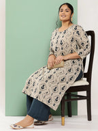 Yufta Beige & Navy Blue Printed Pure Cotton Plus Size Kurta