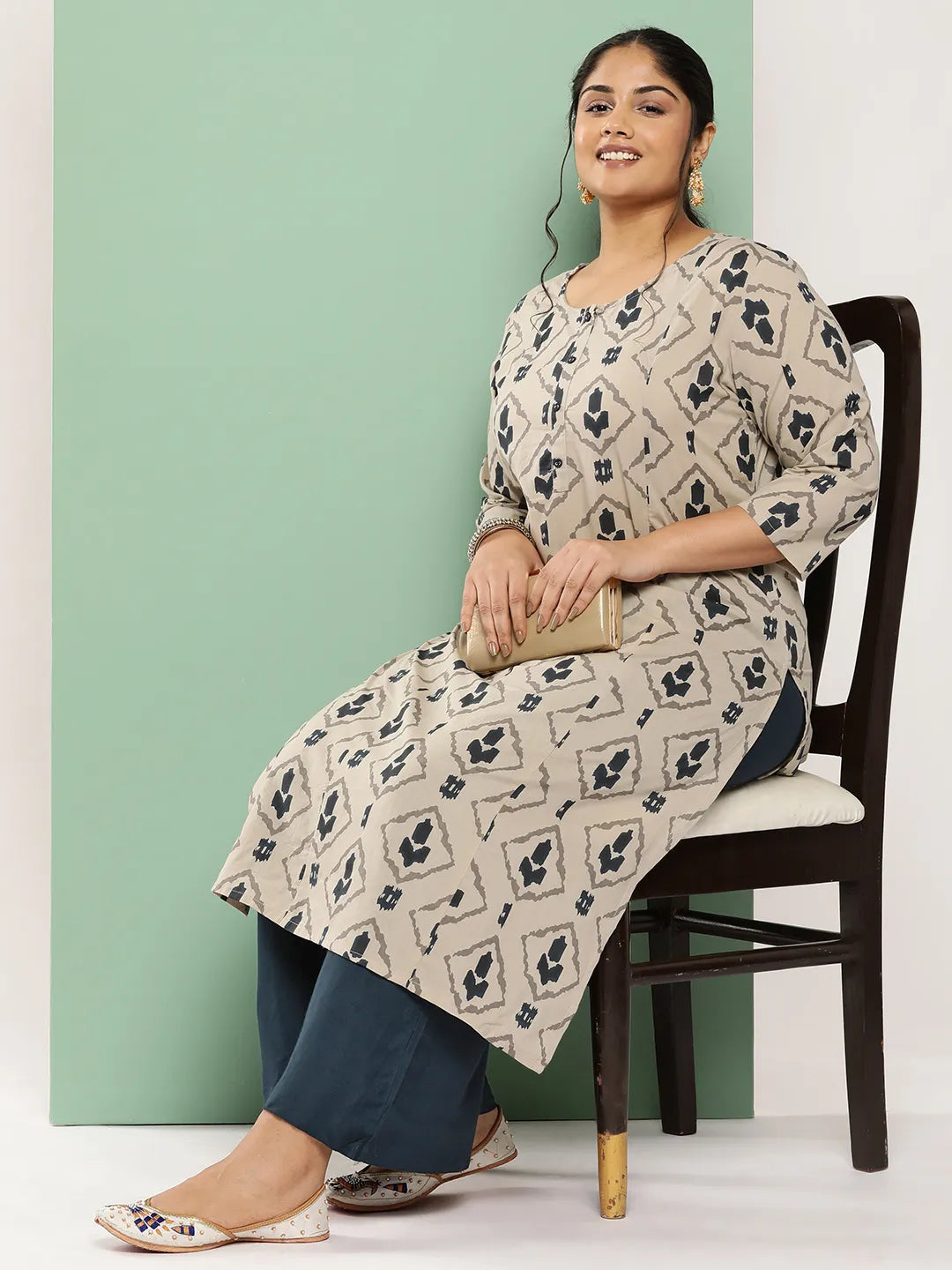 Yufta Beige & Navy Blue Printed Pure Cotton Plus Size Kurta
