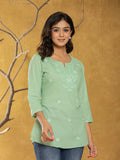 Yufta Women Green Chikankari Striped Regular Top