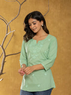 Yufta Women Green Chikankari Striped Regular Top