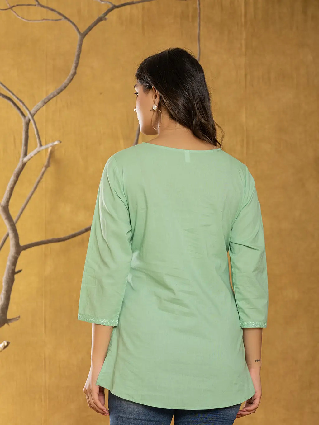 Yufta Women Green Chikankari Striped Regular Top
