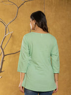 Yufta Women Green Chikankari Striped Regular Top