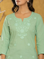 Yufta Women Green Chikankari Striped Regular Top