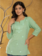 Yufta Women Green Chikankari Striped Regular Top