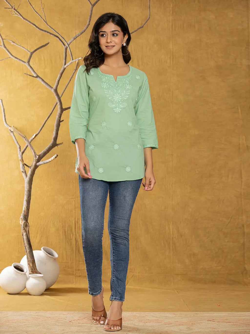 Yufta Women Green Chikankari Striped Regular Top