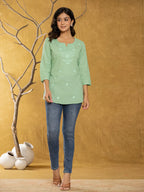 Yufta Women Green Chikankari Striped Regular Top