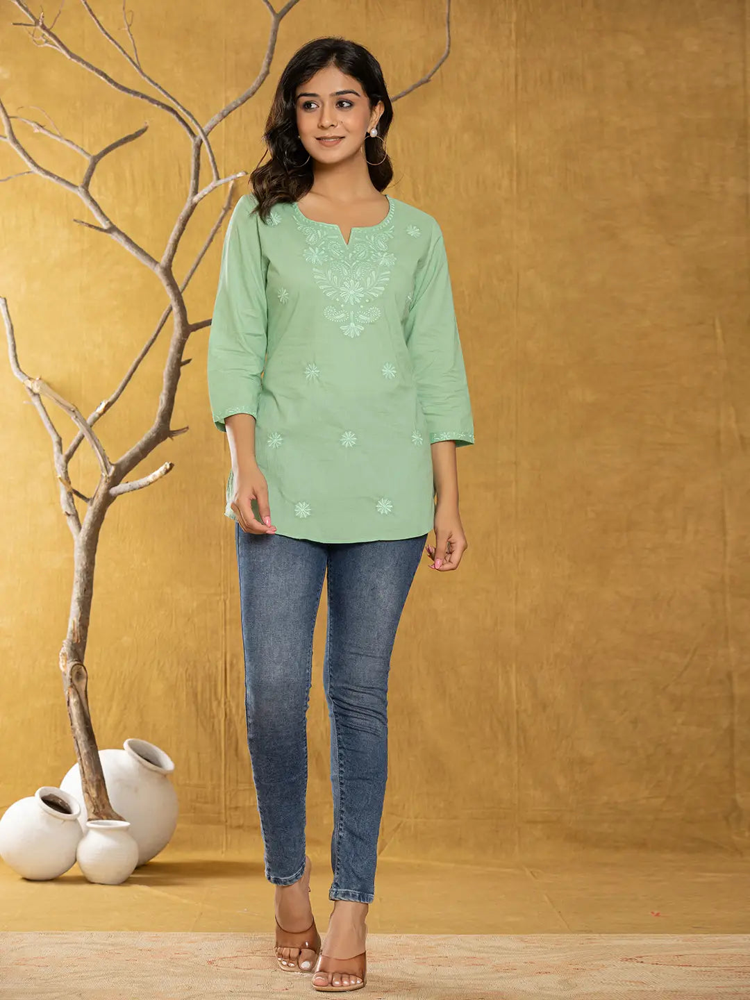Yufta Women Green Chikankari Striped Regular Top