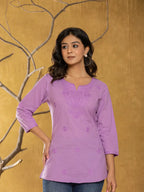 Yufta Women Lavender Chikankari Striped Regular Top