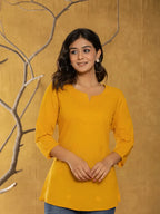 Yufta Women Mustard Chikankari Striped Regular Top