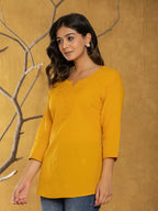 Yufta Women Mustard Chikankari Striped Regular Top
