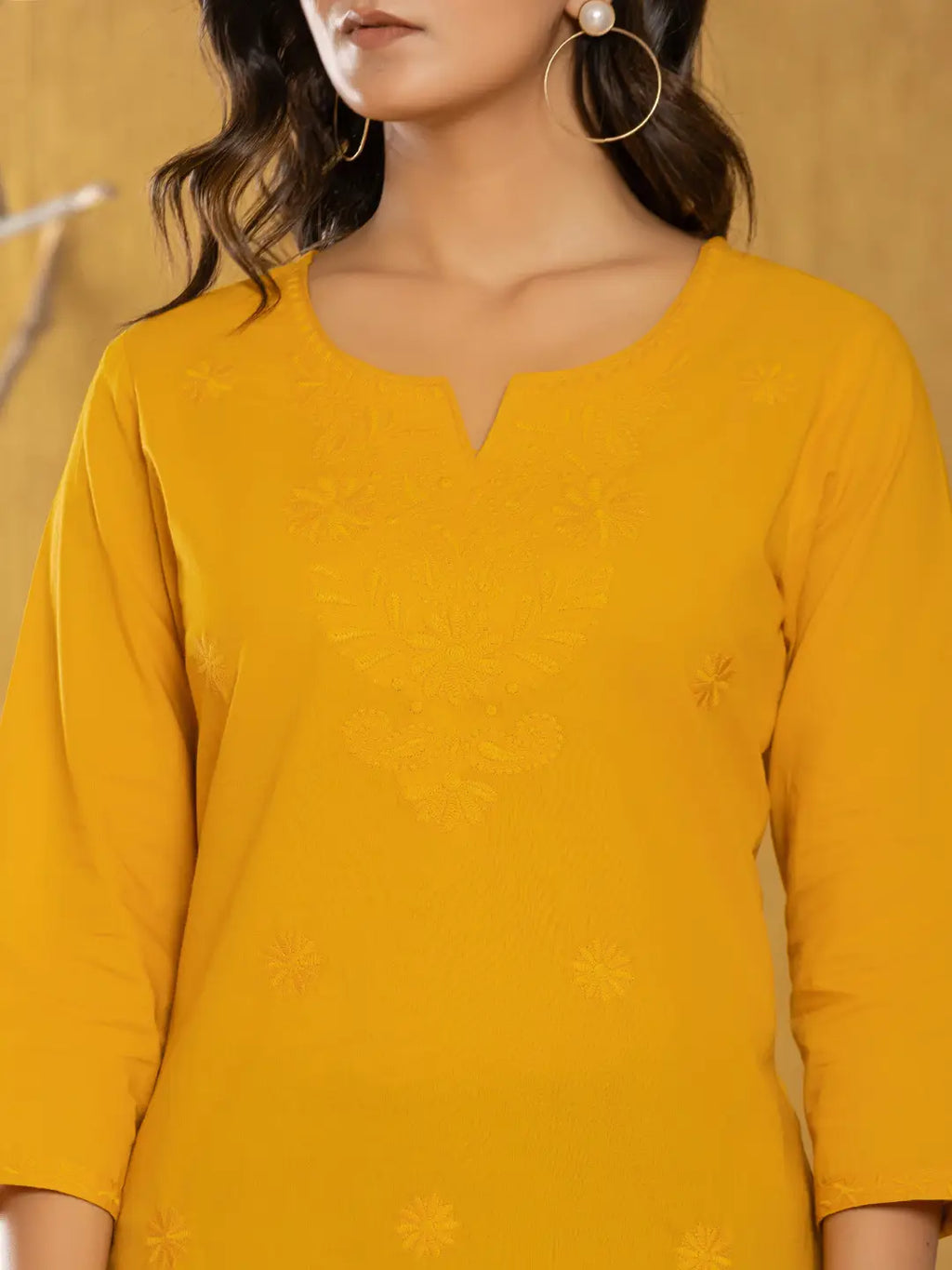 Yufta Women Mustard Chikankari Striped Regular Top
