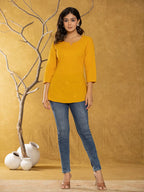 Yufta Women Mustard Chikankari Striped Regular Top