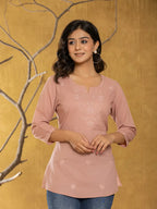 Yufta Women Rust Chikankari Striped Regular Top