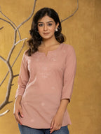 Yufta Women Rust Chikankari Striped Regular Top