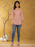 Yufta Women Rust Chikankari Striped Regular Top