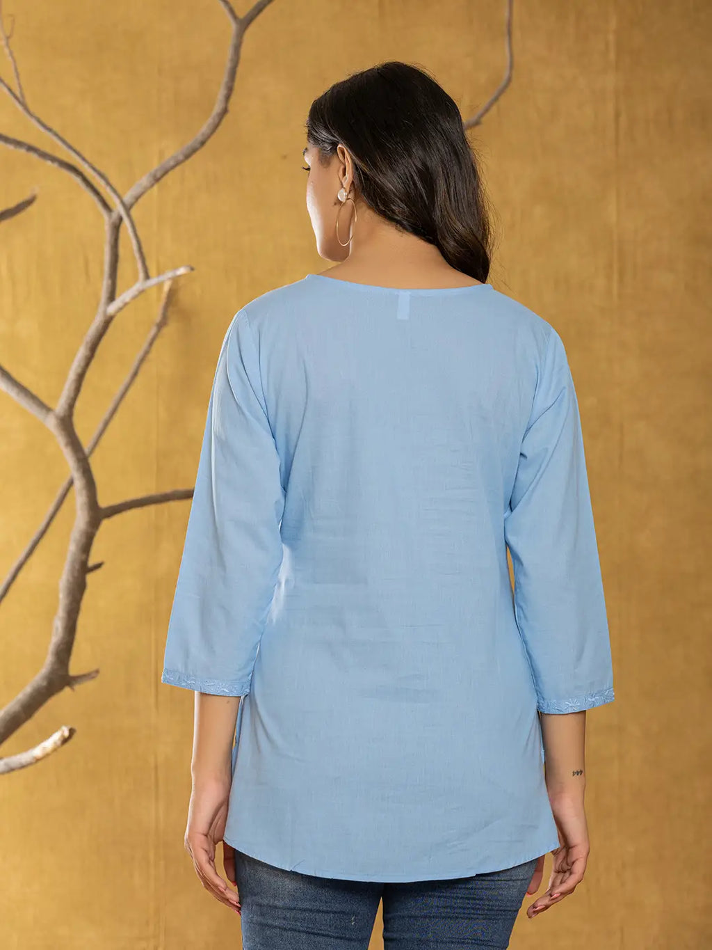 Yufta Women Sky Blue Chikankari Striped Regular Top