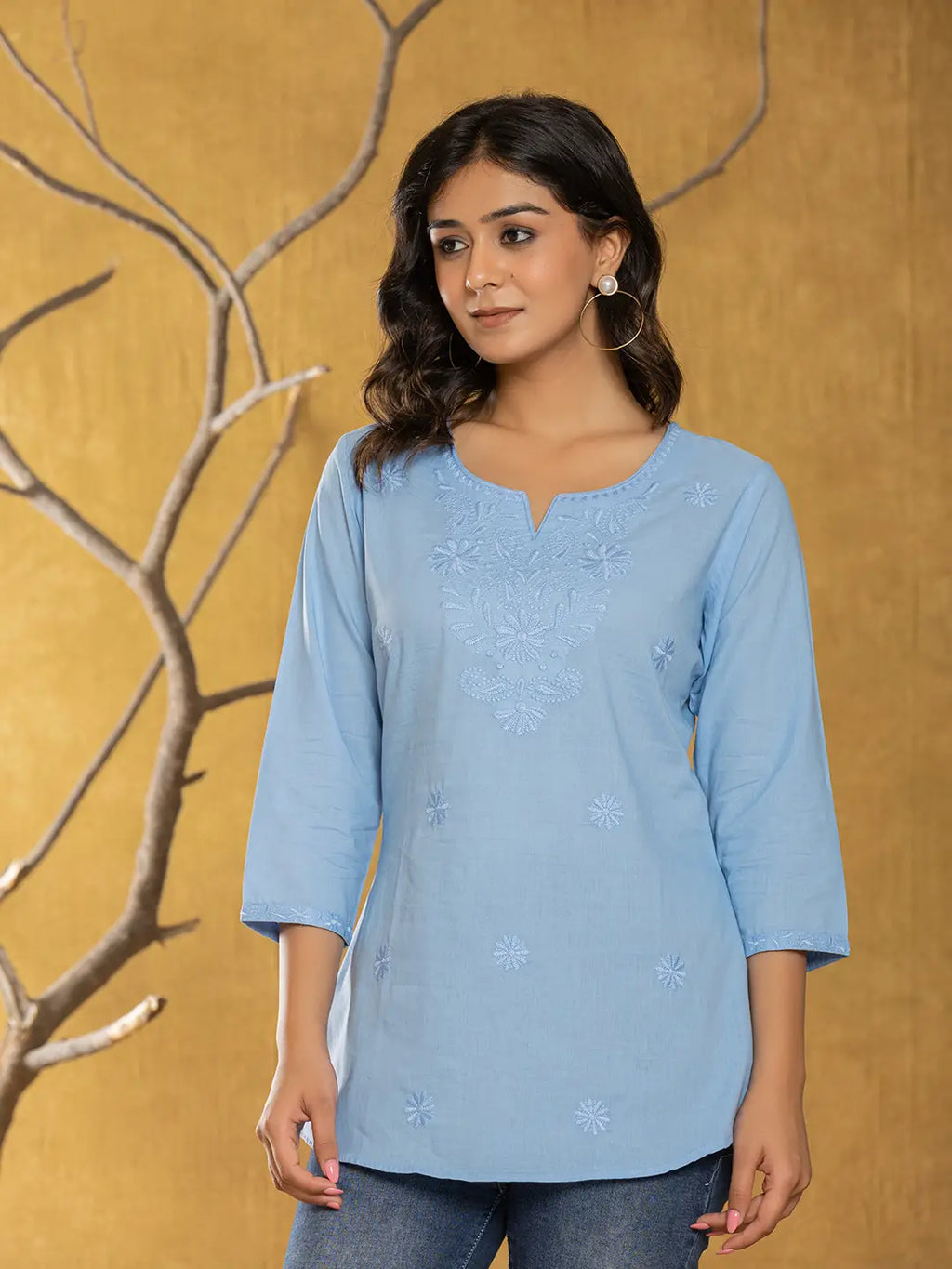 Yufta Women Sky Blue Chikankari Striped Regular Top