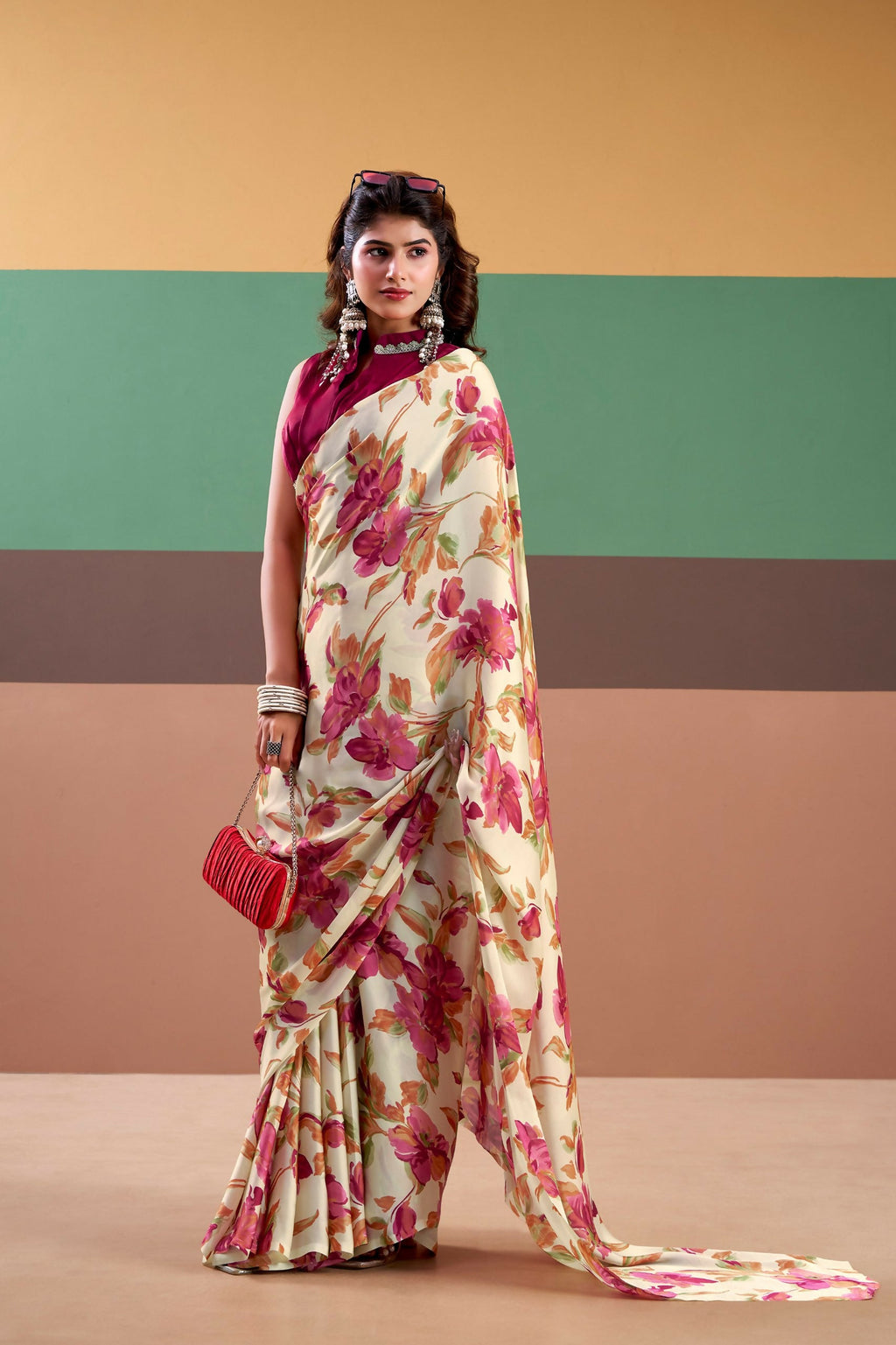 Vastranavya Pink Satin Silk Floral Printed Saree with Stitched Blouse - Distacart