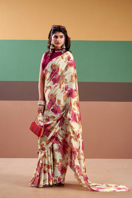 Vastranavya Pink Satin Silk Floral Printed Saree with Stitched Blouse