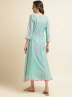 Sea Green Cotton Solid Flared Dress with Printed Shrug - Yukti - Distacart