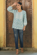 Juniper Women's Skyblue Cambric Placement Floral Printed Tunic - Distacart