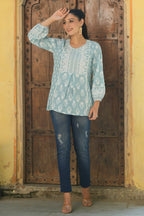 Juniper Women's Skyblue Cambric Placement Floral Printed Tunic - Distacart