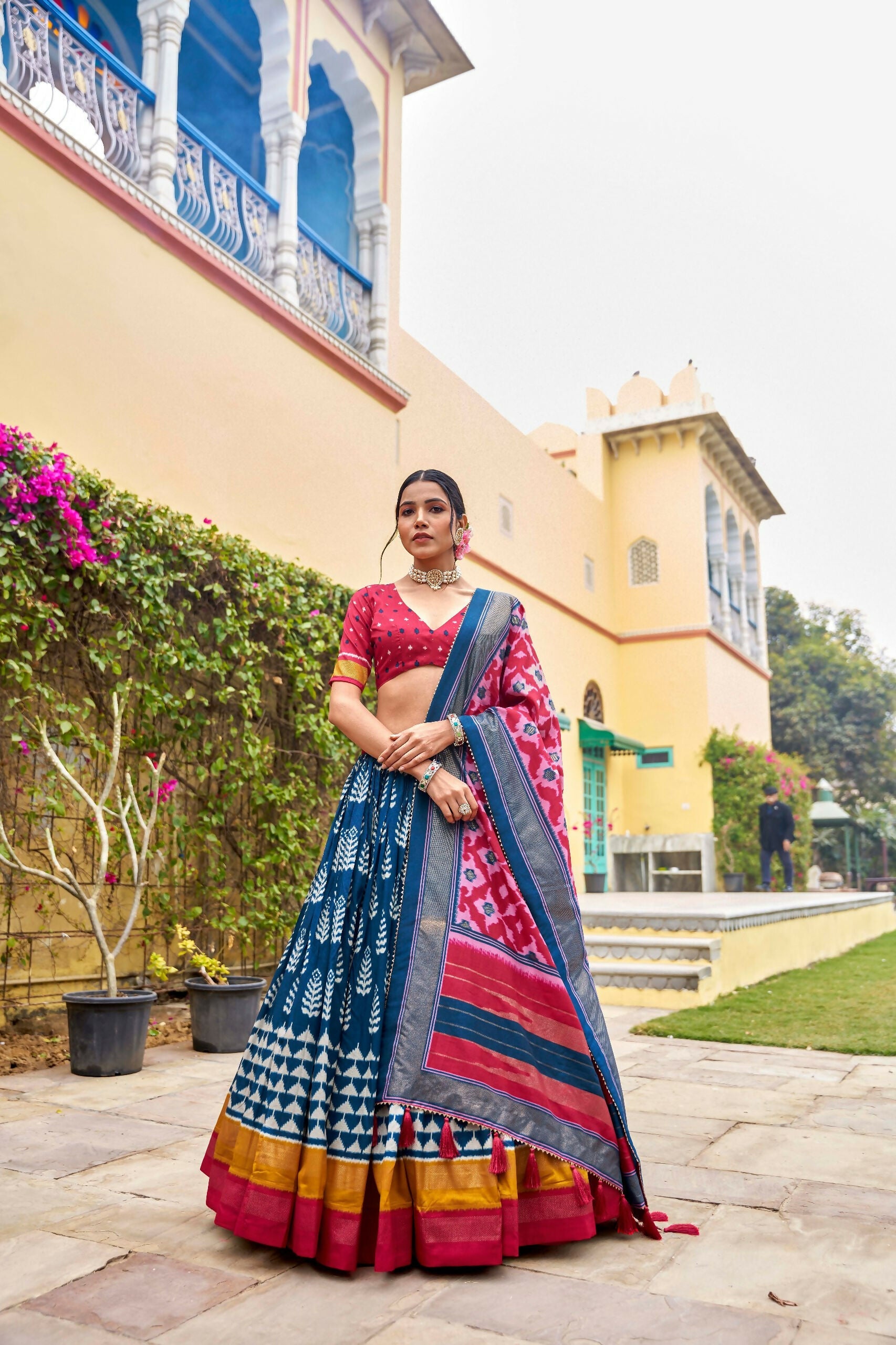 Vastranavya Printed and Foil Work Tussar Silk Lehenga with Unstitched Blouse - Blue