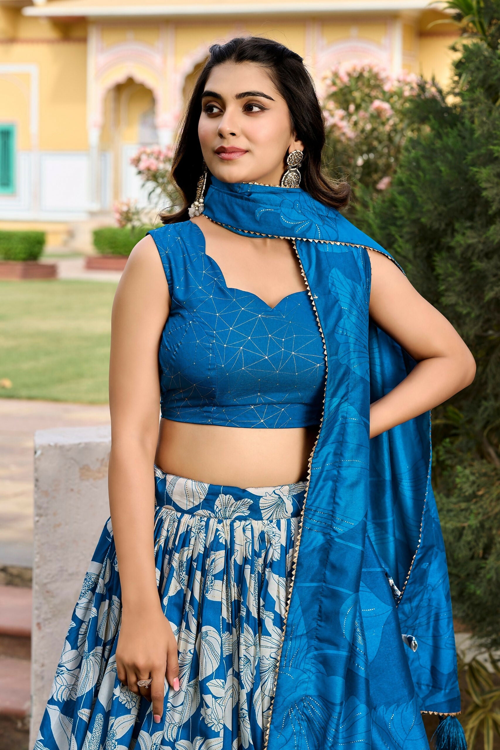 Vastranavya Ethnic Look Tussar Silk Floral Printed With Foil Work Indian Lehenga Choli - Royal Blue