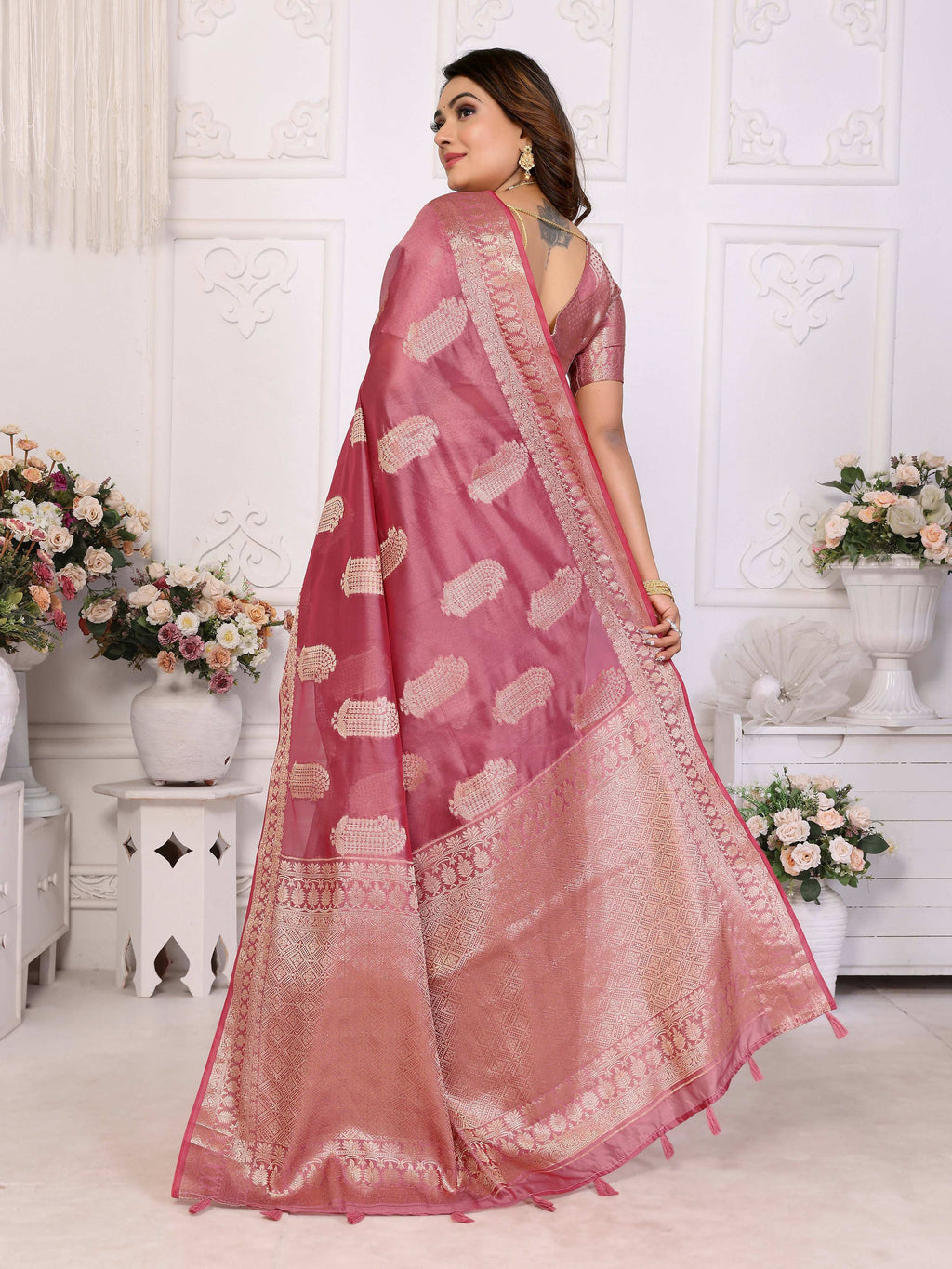Aastha Fashion Dusty Rose Soft Organza Silk Weaving Saree - Distacart