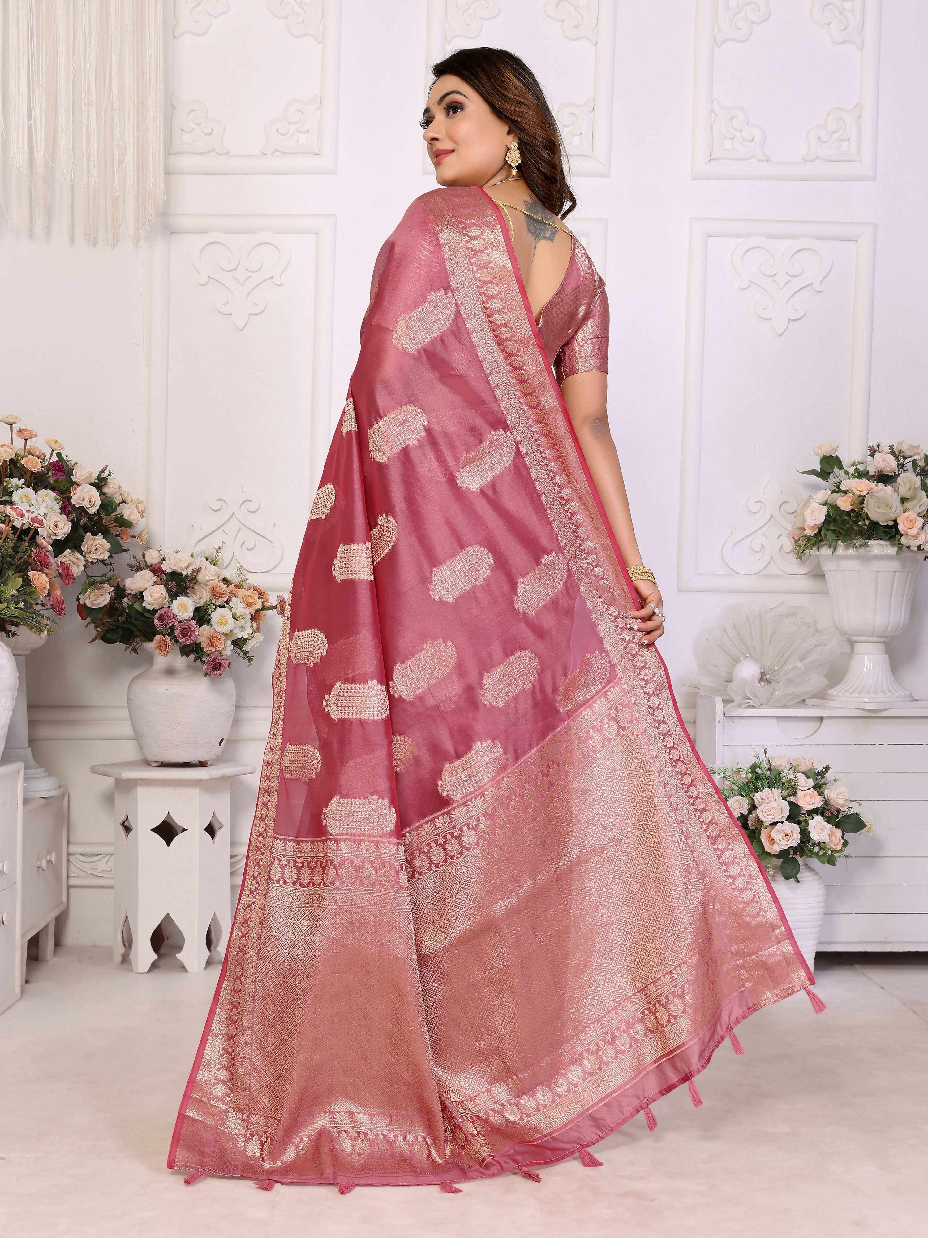 Aastha Fashion Dusty Rose Soft Organza Silk Weaving Saree - Distacart