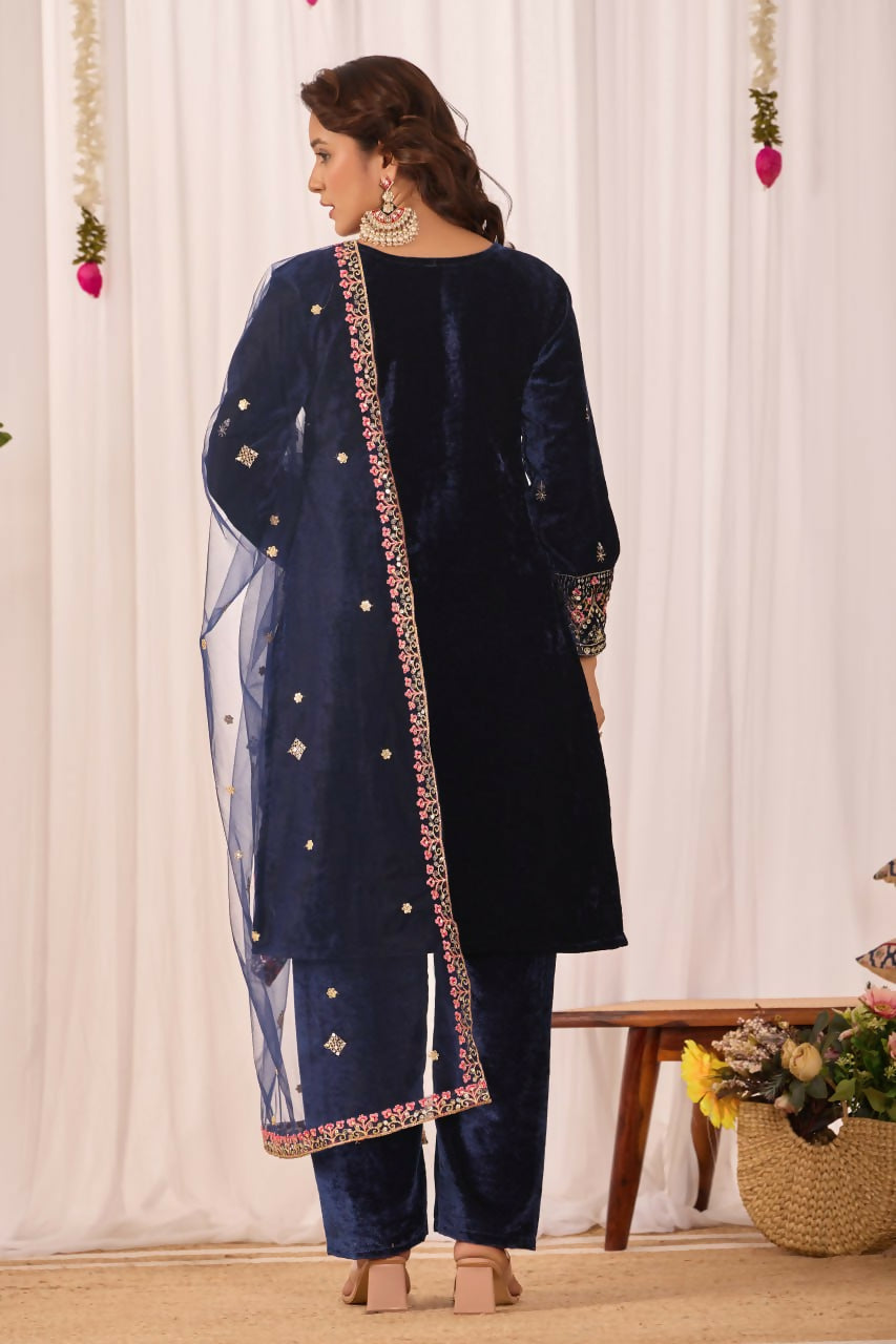 Joban Fashion Blue Kurta Set Velvet Embroidery Sequence Work - Distacart