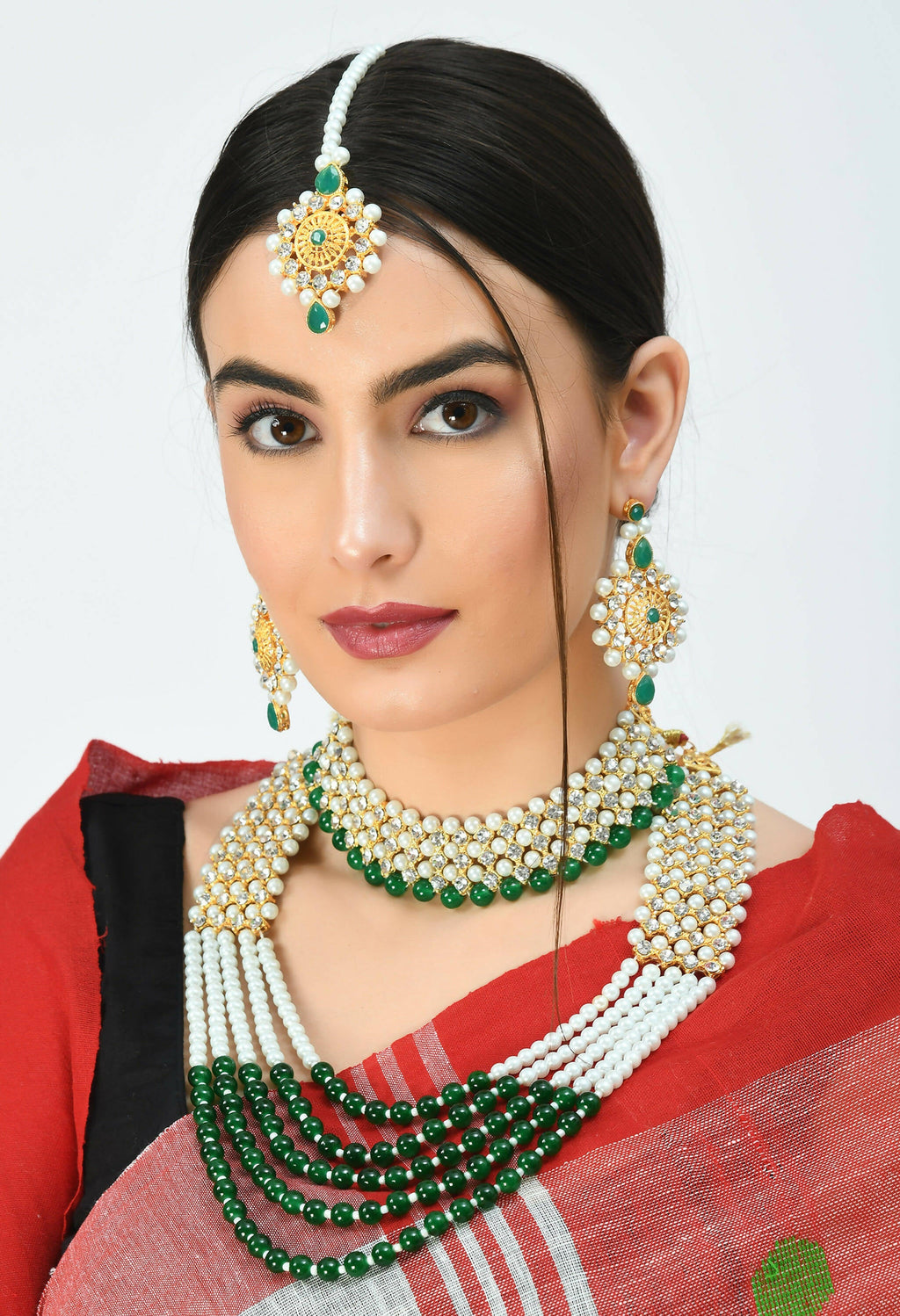 Mominos Fashion Johar Kamal Gold-Plated Rani Haar with Cream Green and Off white Pearls Jewellery Set - Distacart