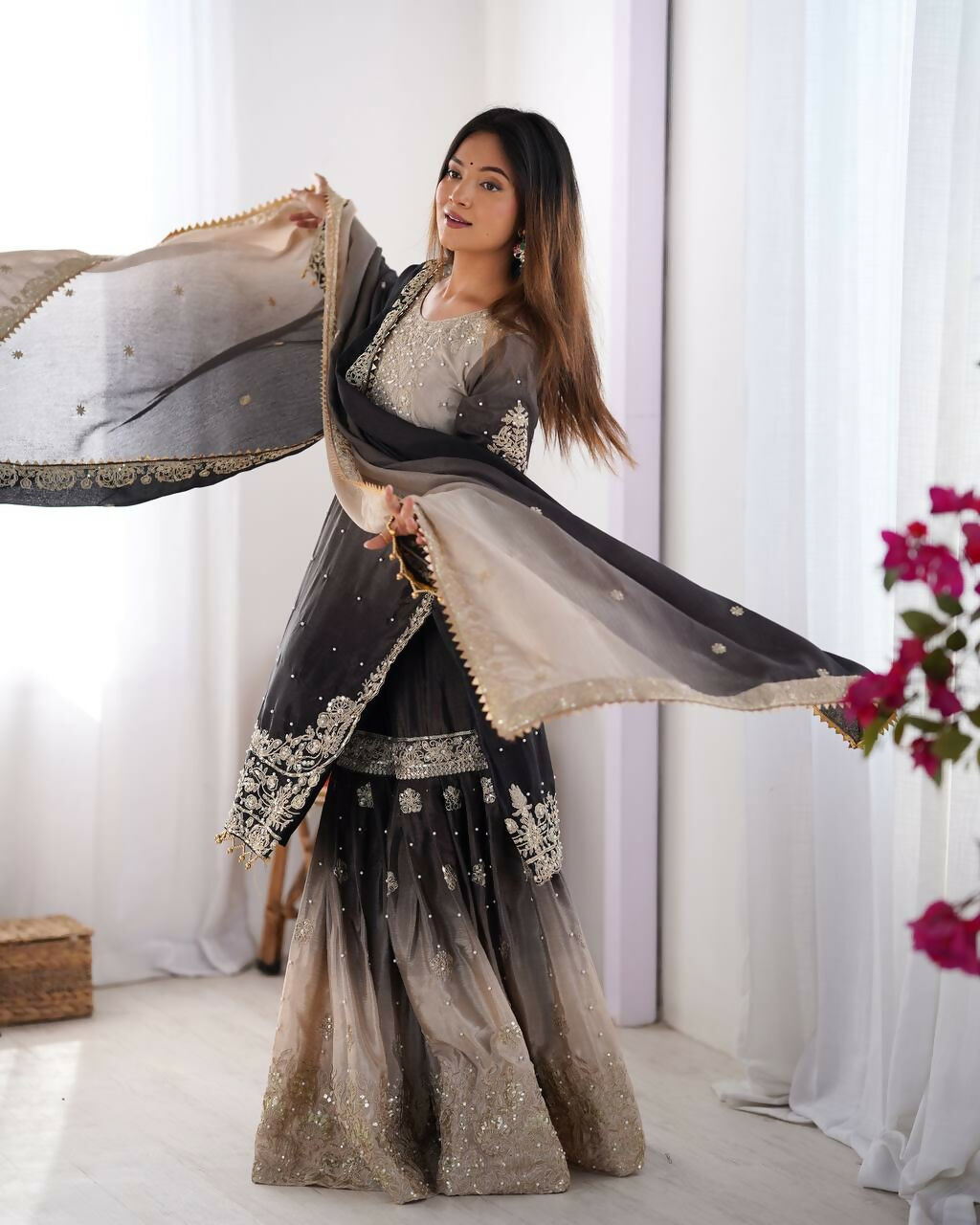 The52 Women's Beautiful Chinon silk Fabric Embroidery Work Straight Kurta Palazzo and Dupatta Set - Distacart