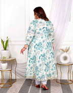 Miravan Women's Plus Size Light Green Cotton Gota Patti And Lace Border Details Birds And Leaf Floral Printed Anarkali Kurta