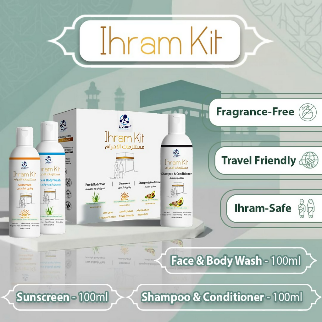 Livort Ihram Kit Hajj & Umrah Face & Body Wash Sunscreen Shampoo & Conditioner