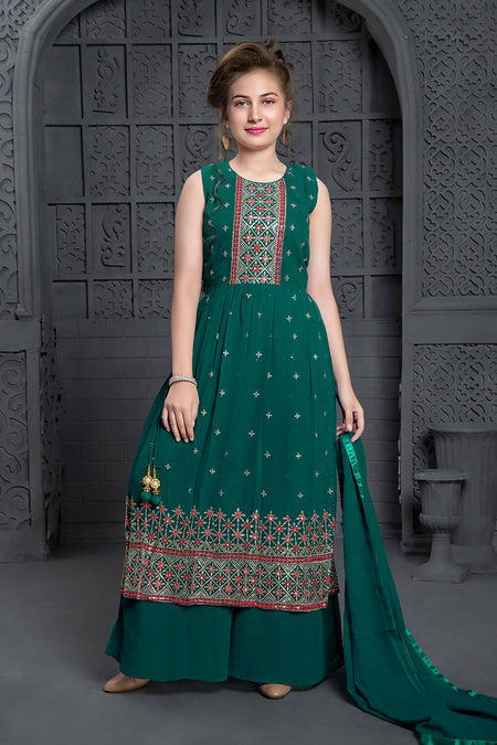 Kids Wedding Designer Green Georgette Naira Cut Salwar Suit - Aaradhna