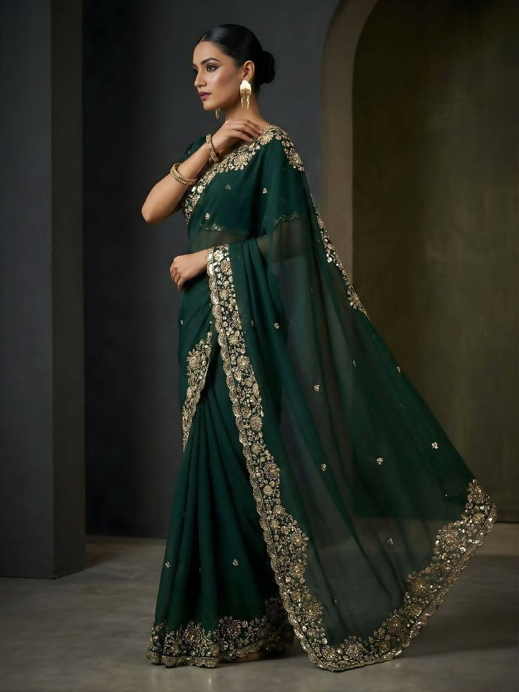 Joban Fashion Green Fandy Satin Silk Party Wear Sarees - Distacart
